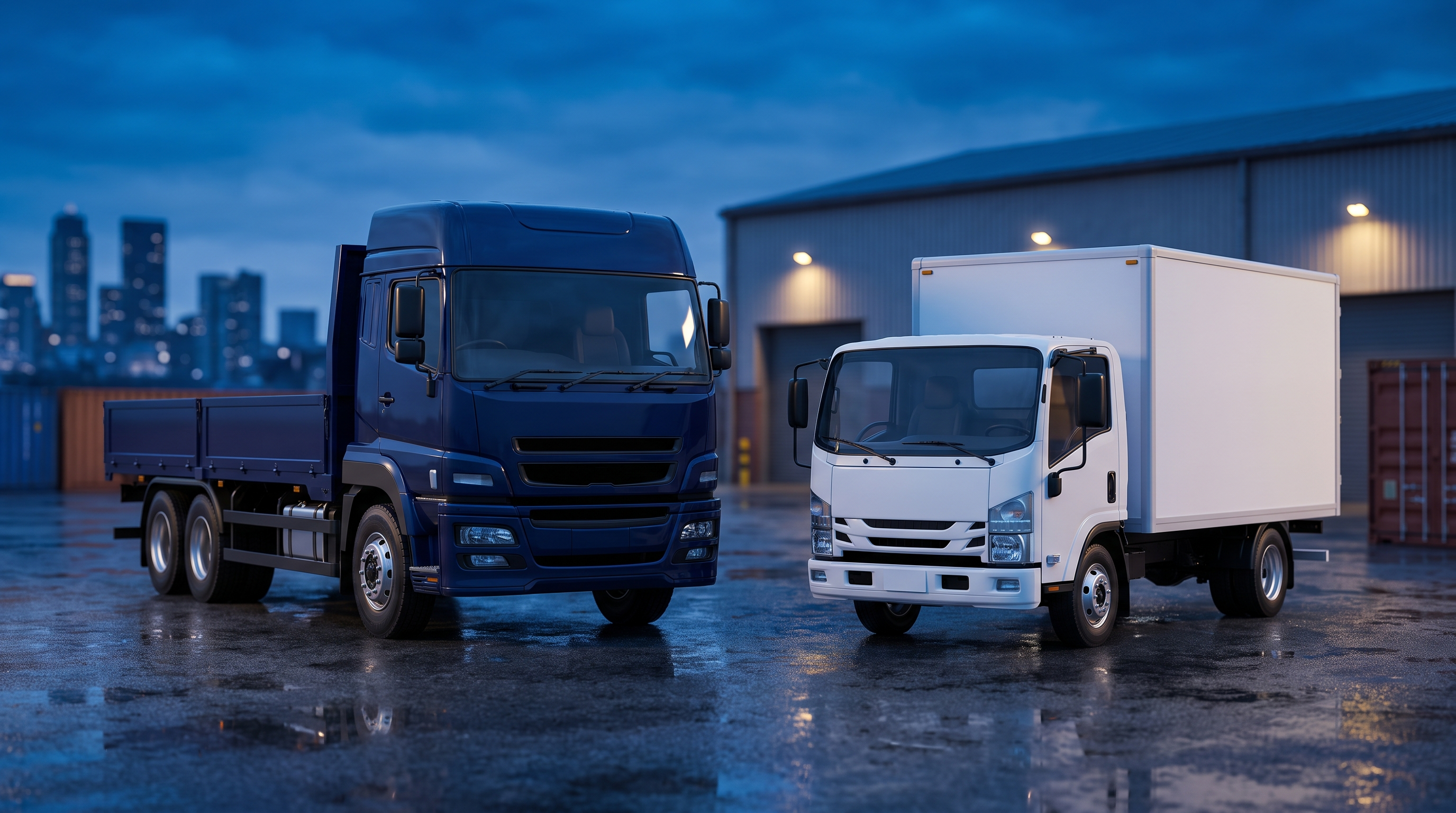 Blue Link heavy and light truck fleet parked in the yard at dusk